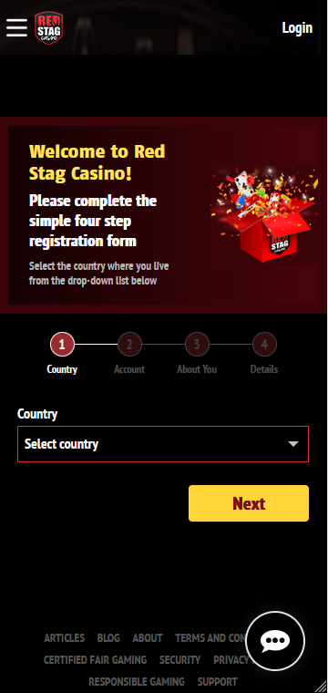 Red Stag Casino Registration Step 1 – Country Selection