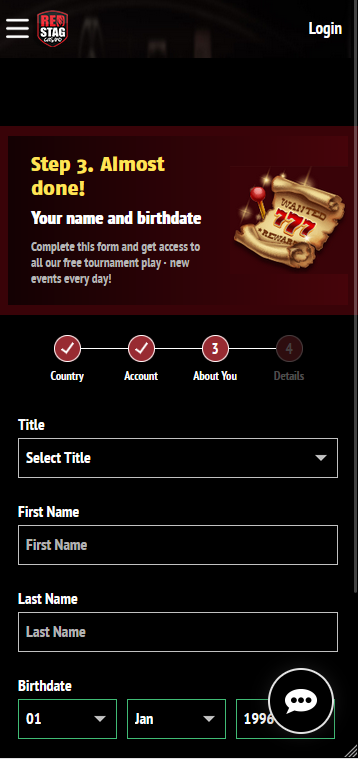 Red Stag Casino Registration Step 3 – Name and Birthdate